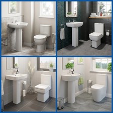 Bathroom Cloakroom Suite Close Coupled Toilet WC Basin Sink Full Pedestal Modern
