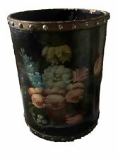 Vintage Studded wood waste paper bin & painted foliate decoration