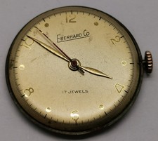 Vtg 1950s Eberhard Co 17 Jewels SOE Gents Wrist Watch Movement Gold Face & Hands