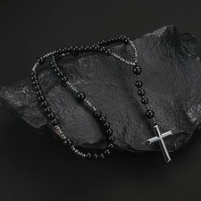 Shorter Length (41cm) High Quality Black Hematite Rosary Beads with Green Cross