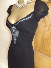 KAREN MILLEN❤️LOVELY DECO BLACK BLUE SILK DRESS SIZE UK 14 US 10 EU 42 WEDDING