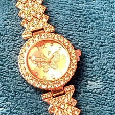 Rose gold Wrist Watch bling stones Ladies girls Butterfly face womens watch