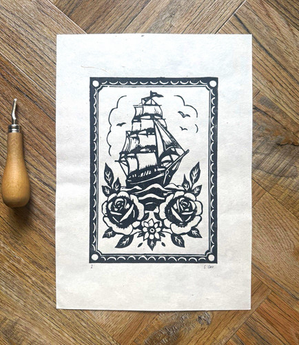 Ship roses lino print - roses,