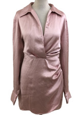 Zara Women's Dress Size L Pink Shiny Cuffed Surplice Wrap Knee Used F1