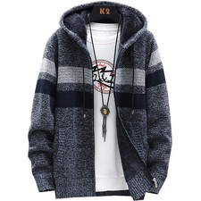 Men Zip Up Thick Fleece Lined Knitted Hooded Cardigan Winter Knitted Warm Jacket