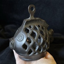 Vintage Heavy Cast Iron Puffer Fish Hanging Candle Tea light Holder Lantern