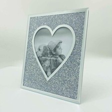 Silver Sparkle Heart Shaped Crush Jewel Glass Picture Photo Frame 6 x 8"