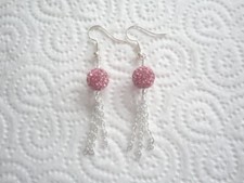 Handmade Shamballa Pink Bead & Silver Plated Chain, Drop Earrings. SP Ear-Wires