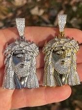 Real 925 Silver & 14k Gold Plated Jesus Piece Pendant Necklace Iced Bust Down CZ
