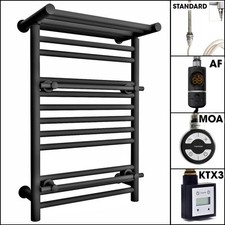 Black Electric Heated Towel Rail 490mm Width – OSLO, Shelf & 2 Towel Hooks