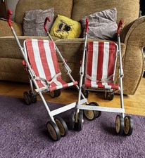 2 X Vintage Maclaren Dolls Toy Pushchairs Strollers Red / white Butchers Stripe 