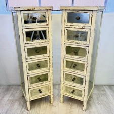 Pair of  vintage cream shabby chic mirrored tall storage chests of drawers