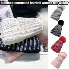Lady Knitted Beanie Hat Diamond Faux Fur Pom Pom Bobble Hat Winter Warm Fashion_