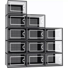 12 x Stackable Foldable Boxes Trainers Organiser Clear Plastic Shoe Storage Box