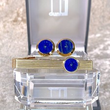 Vintage Dunhill Cufflinks Gold Finish & Lapis Lazuli & Tie Clip with Case