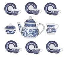 CHURCHILL BLUE WILLOW CHINA PLATES MUG CREAMER JUG SUGAR TRAY GRAVY BOAT DINNER 