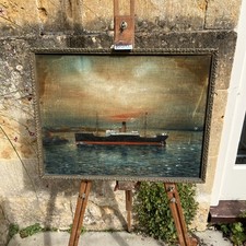 Antique Framed Painting On Velvet of A Ship. 42 x 32 Cm Rare Item Vintage Art