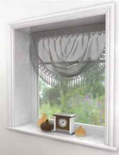 Luxury Macrame Lace Trimmed Pale Grey Soft  Voile Window Curtain Swags Pelmet