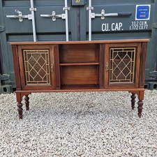 Vintage Dark Wood Display Cabinet Sideboard Leaded Glass Spindle Legs Bookcase