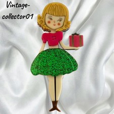 Modern Arcrylic Handmade BROOCH Blonde Girl Red Green Xmas Glitter Outfit Gift
