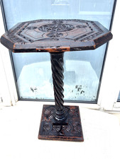 ANTIQUE CARVED OCTAGONAL TOP & BASE & SPIRAL COLUMN WOODEN PEDESTAL TABLE