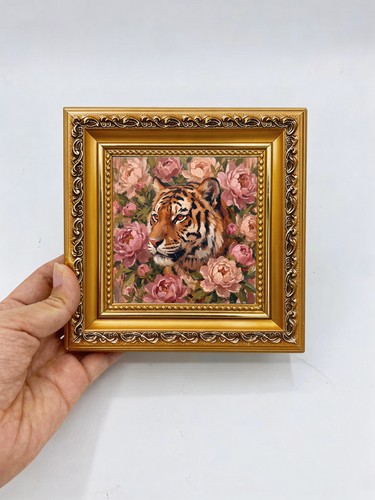 Tiger surrounded pink roses - tiger,