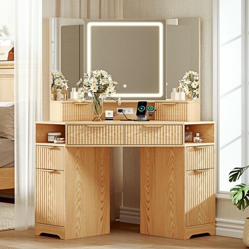 Oak corner vanity desk with - oak,