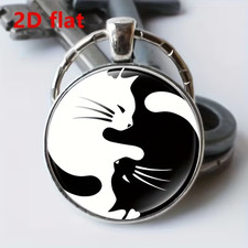 Yin Yang Cats Keyring Black White Kitten Keychain Glass Cabochon Bag Charm Gift