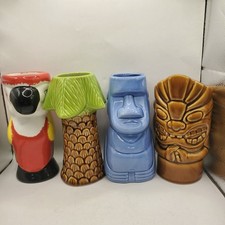 4 Tiki Mugs Various Designs Parrot Palm Tree Easter Island Head Good Condition