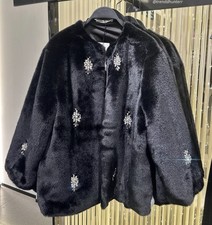 ZARA NEW WOMAN FAUX FUR COAT WITH JEWEL BEADING RHINESTONE BLACK  3920/197  M