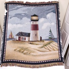 Nautical Lighthouse Woven Throw Blanket 54x47 Coastal Cape Cod Americana Decor