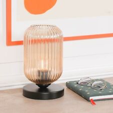 Ribbed Fluted Smoked Glass Bedside Table Lamp With Black Metal Base