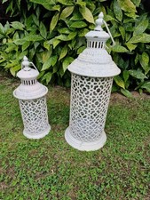 Set of 2 White Lanterns, Shabby Chic Metal Vintage Moorish Moroccan French Style