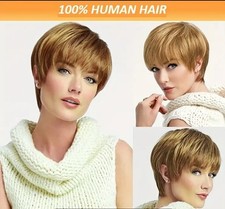 100% PERUVIAN VIRGIN HUMAN HAIR PIXIE SHORT WIG LIGHT BROWN WITH HIGHLIGHTS 7"