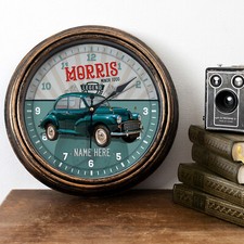 Personalised Car Clock Morris Minor 1000 Classic Round Hanging Wall Gift VCC31