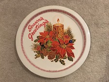 Vintage Red & White Poinsettia Plant Christmas Candle Round Metal Drinks tray