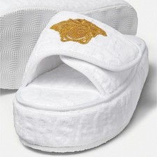 NWT$425 Versace Allover White Cotton Logo Medusa Head Platform Slippers EU 45
