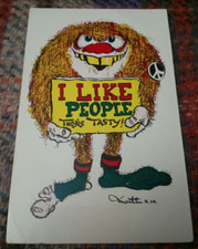 CARD - I LIKE PEOPLE THEY'RE TASTY, MARTIN K14 ca1960 "BAN THE BOMB" BADGE