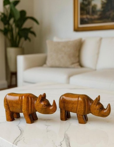 Pair wooden rhino figurines - wooden,