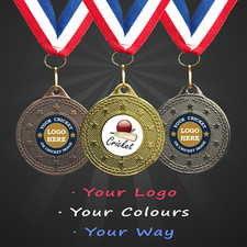 Personalised Cricket Medals with Ribbon + Engraving + Your Logo