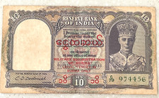 1943 BRITISH INDIA 10 INDIAN RUPEES OLD BANKNOTE KING GEORGE VI BURMA ISSUE