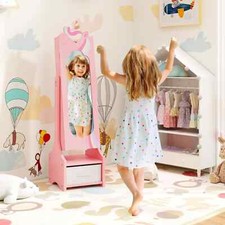 Freestanding Full Length Dressing Mirror w/ Drawers & Shelves-Pink