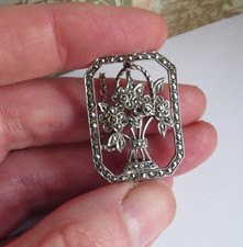 Antique Sterling Silver Flower Basket Marcasite  BROOCH