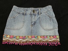 NEW LOOK Mini Denim Skirt Mexican Style Fringe Pom Pom Festival Casual Blue S 