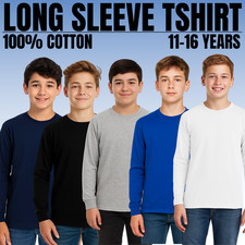 Kids Boys Long Sleeve Cotton T-Shirt Cuffed Plain Crew Neck Top Casual Top UK