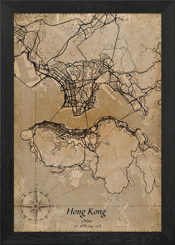 Hong kong vintage map - kong, framed