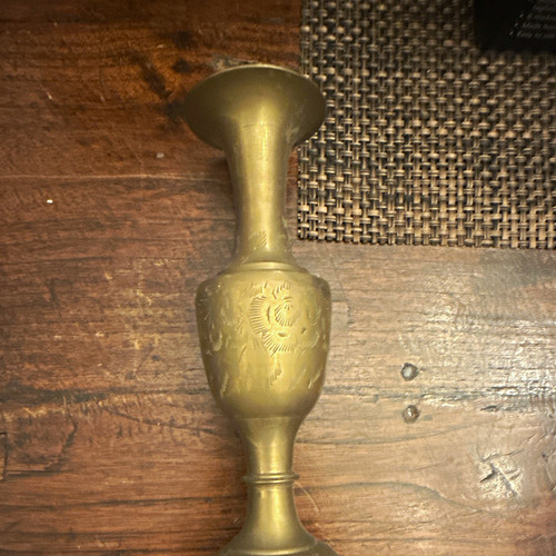 Brass bud vase with etched - bud,