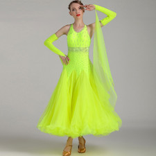 Sequins Yellow Long Ballroom Dance Competition Dresses Gown Women Dance Costume