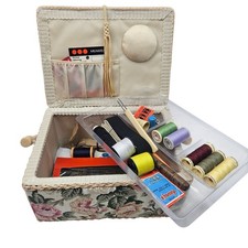 Sewing Box With Contents Pins Tape Tools Ribbon Cotton Reels 5"×9" Floral Design
