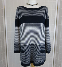 Wallis Jumper Size L Navy White Striped Cotton Knit Buttons Pockets Long Sleeves
